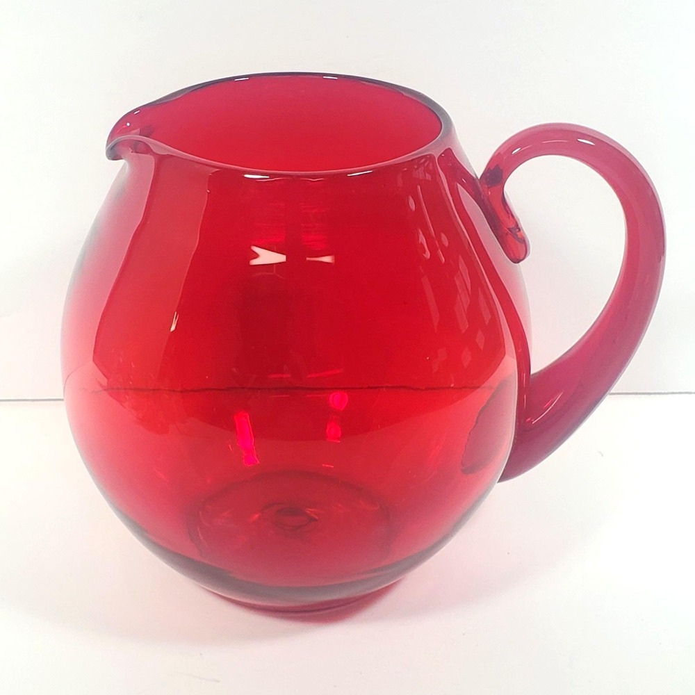 Vintage BLENKO GLASS Squat Pitcher 3750L Red Applied Handle MCM